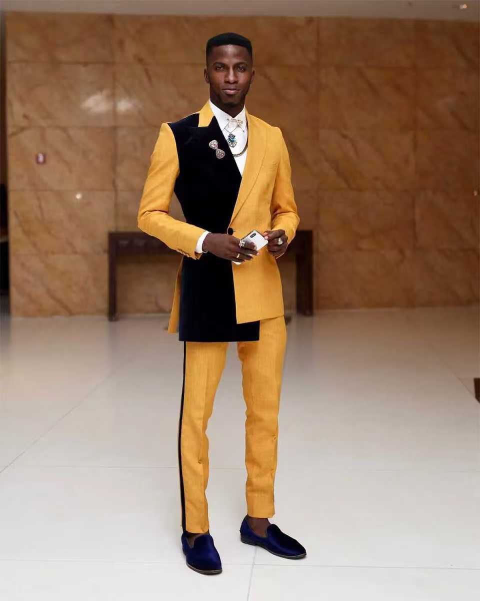 Formal Wear For Men Yellow - Schwarz-gelbes Herrenanzug-Set, 2-teilig, Blazer + Hose,