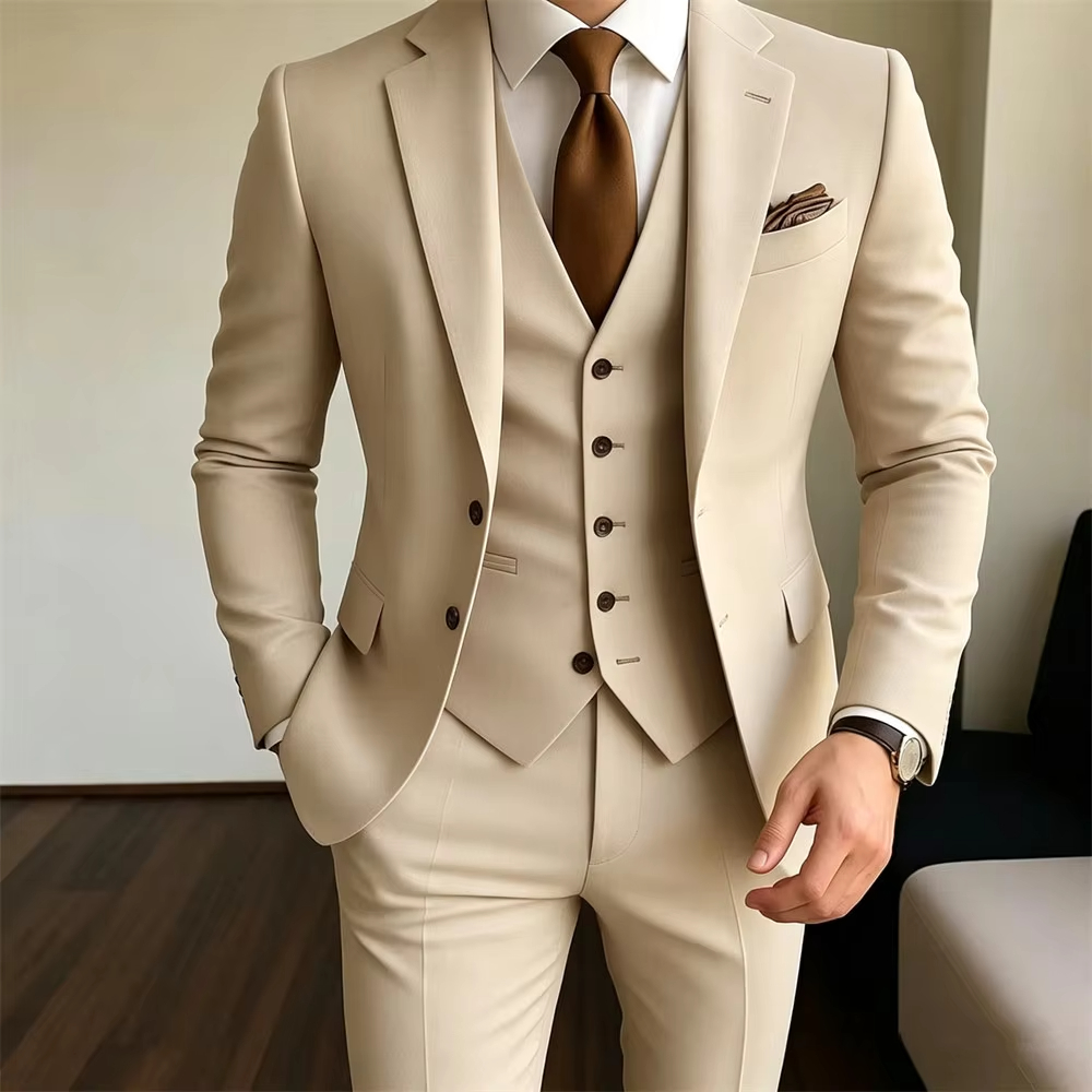 Men Formal Party Wear Outfit - Khaki Herrenanzüge 3-teilig Jacke+Weste+Hose Formeller Slim