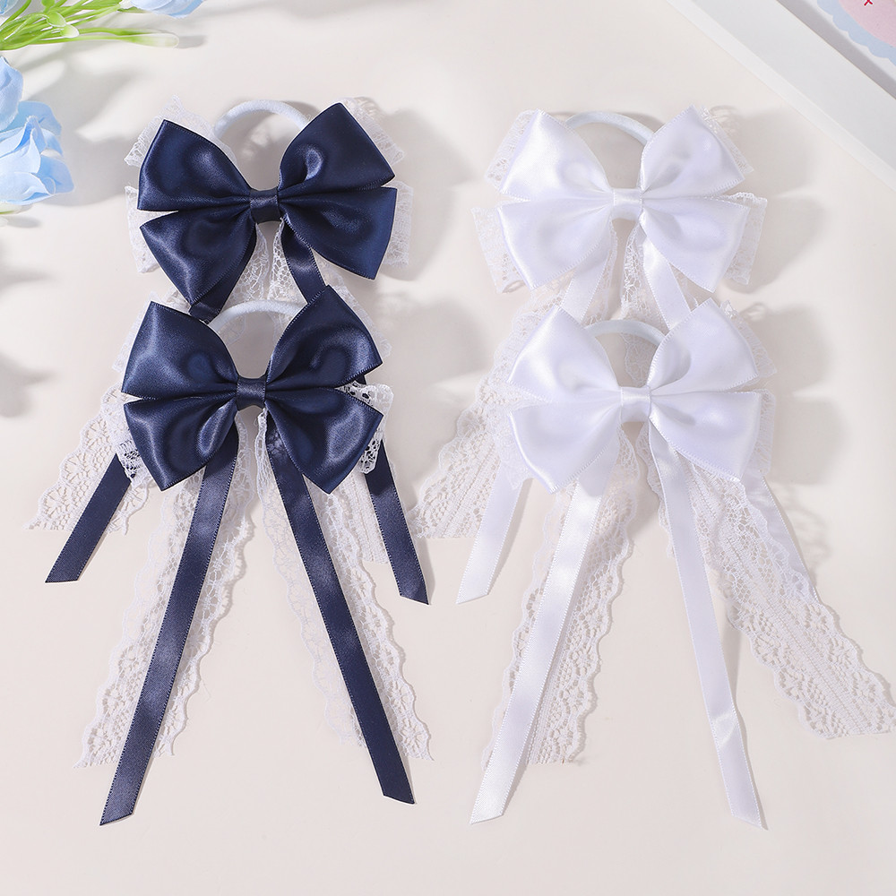 Satin Bow Tie - 2 Stück Satin-Spitzen-Haargummis mit langer Schleife,
