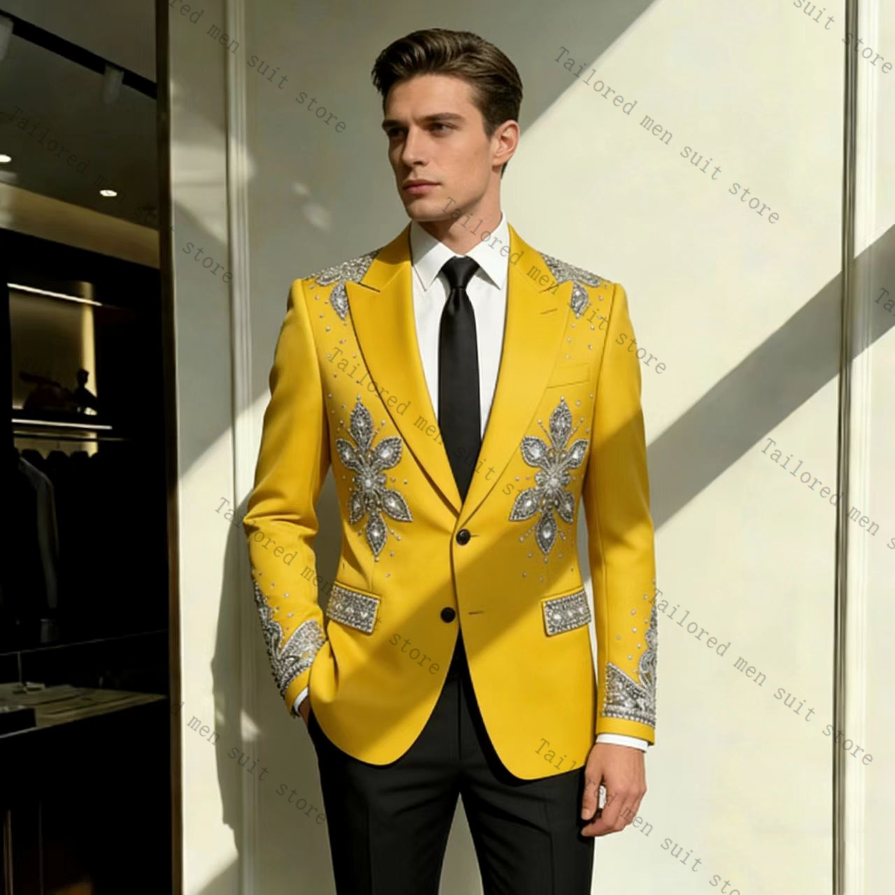 Formal Wear For Men Yellow - Gelber Herrenanzug 2-teilig mit Kristallen, Blazer
