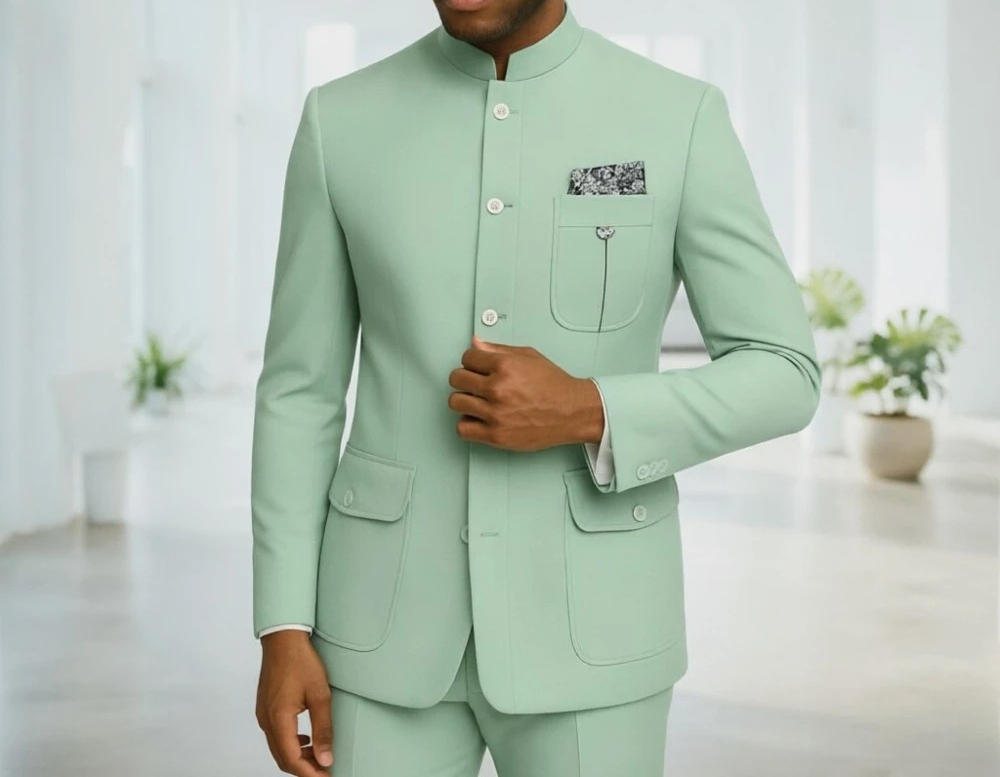 Men'S Formal Wear For Office - Safari Herrenanzüge Premium Hellgrüner Stehkragen Safari-Anzug