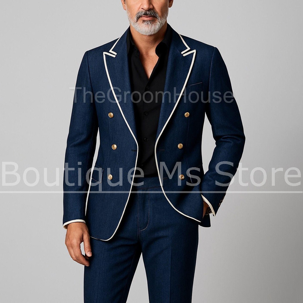 Men Formal Party Wear Outfit - Herren Denim Zweireiher 2-Teiliger Anzug mit