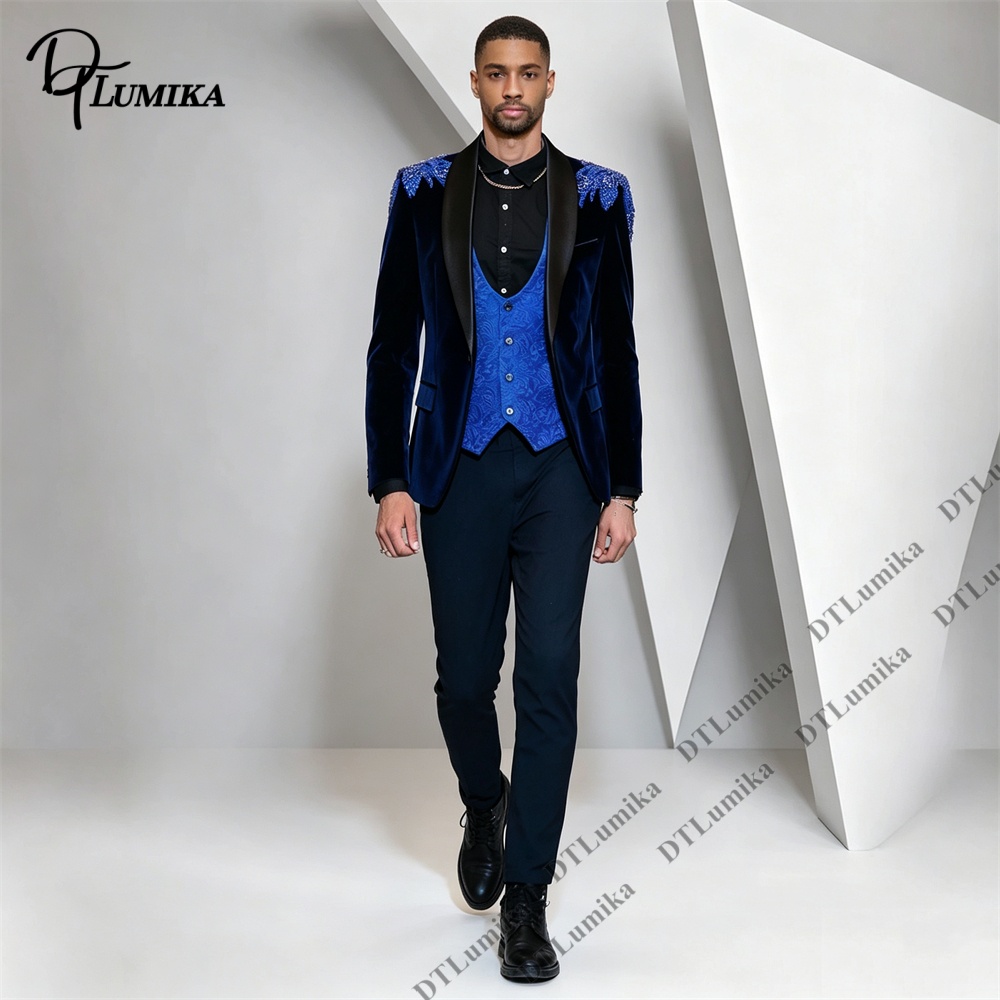 Men'S Formal Wear For Office - Peagent Herren 3-teiliger Samtanzug, schwarzer Satin-Revers,