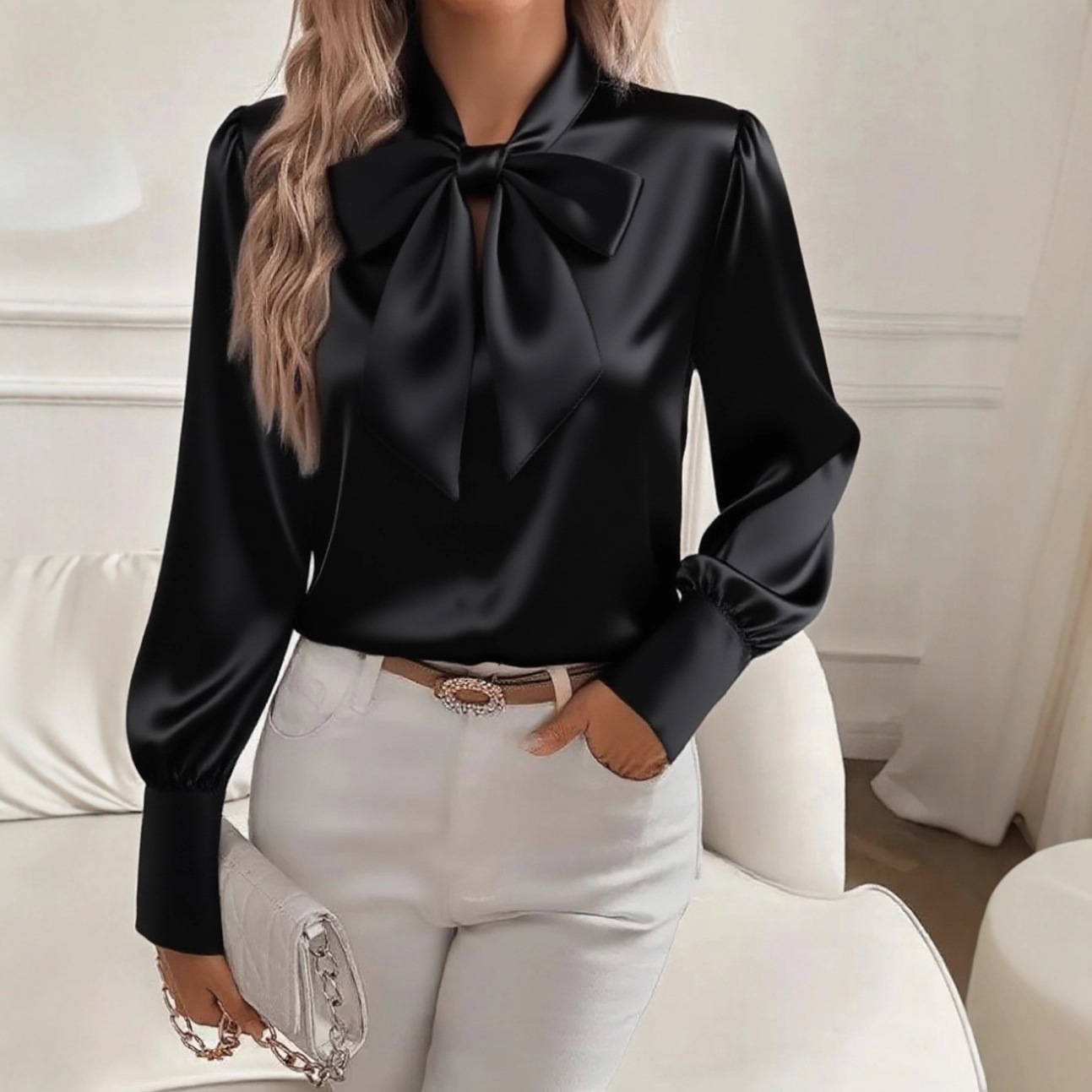 Schleifenkragen-Satinbluse mit – Satin Bow Tie Bewertung und Preis